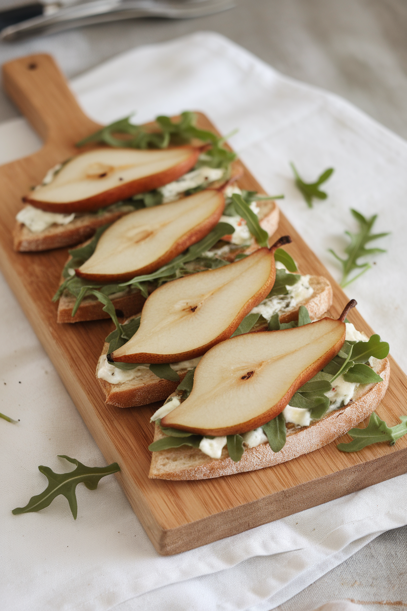 Photo of an indoor wooden board displaying sliced flatbread topped with roasted pear slices, melted gorgonzola, and arugula. No text or logos visible.