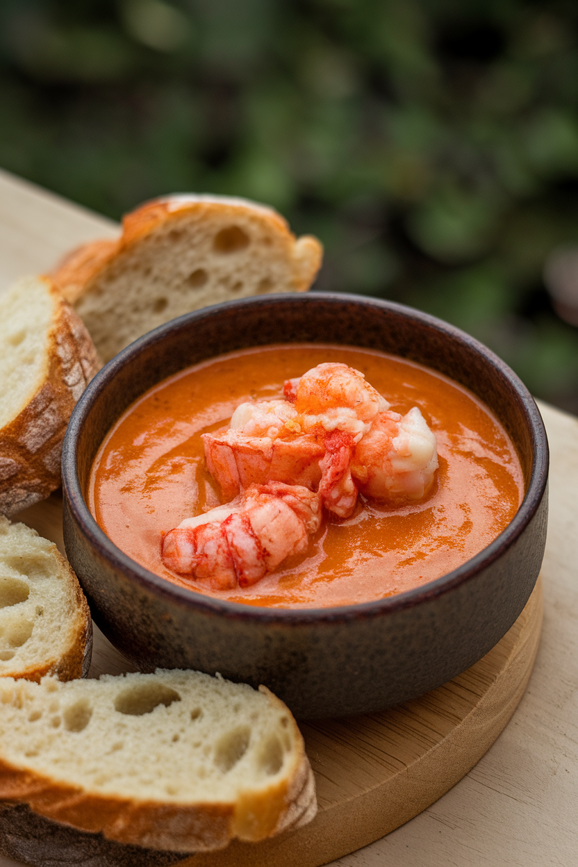 Indoor photo of a small bowl of rich lobster bisque with chunks of cooked lobster tail on top, no text or logos.