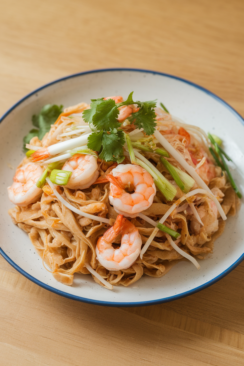 Indoor plate photo of rice noodles tossed with cooked shrimp, bean sprouts, and scallions in a light tamarind sauce; no text or logos.