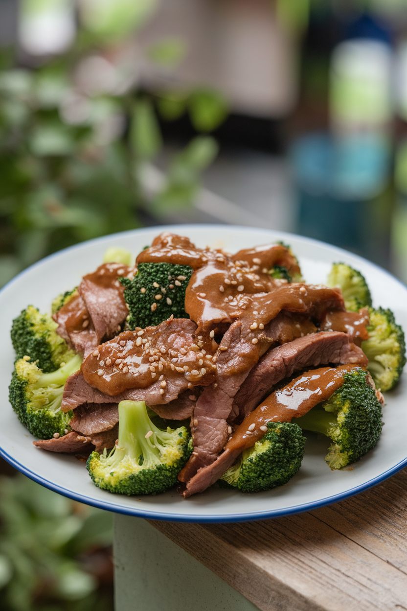 Indoor plate showing tender beef strips and broccoli florets coated in a glossy sesame-ginger sauce. No logos or text.