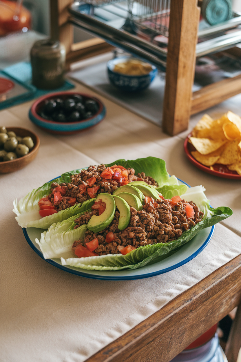 An indoor kitchen table with a plate of crisp romaine leaves filled with seasoned cooked ground beef, diced tomatoes, avocado slices, and a squeeze of lime—no text or logos.