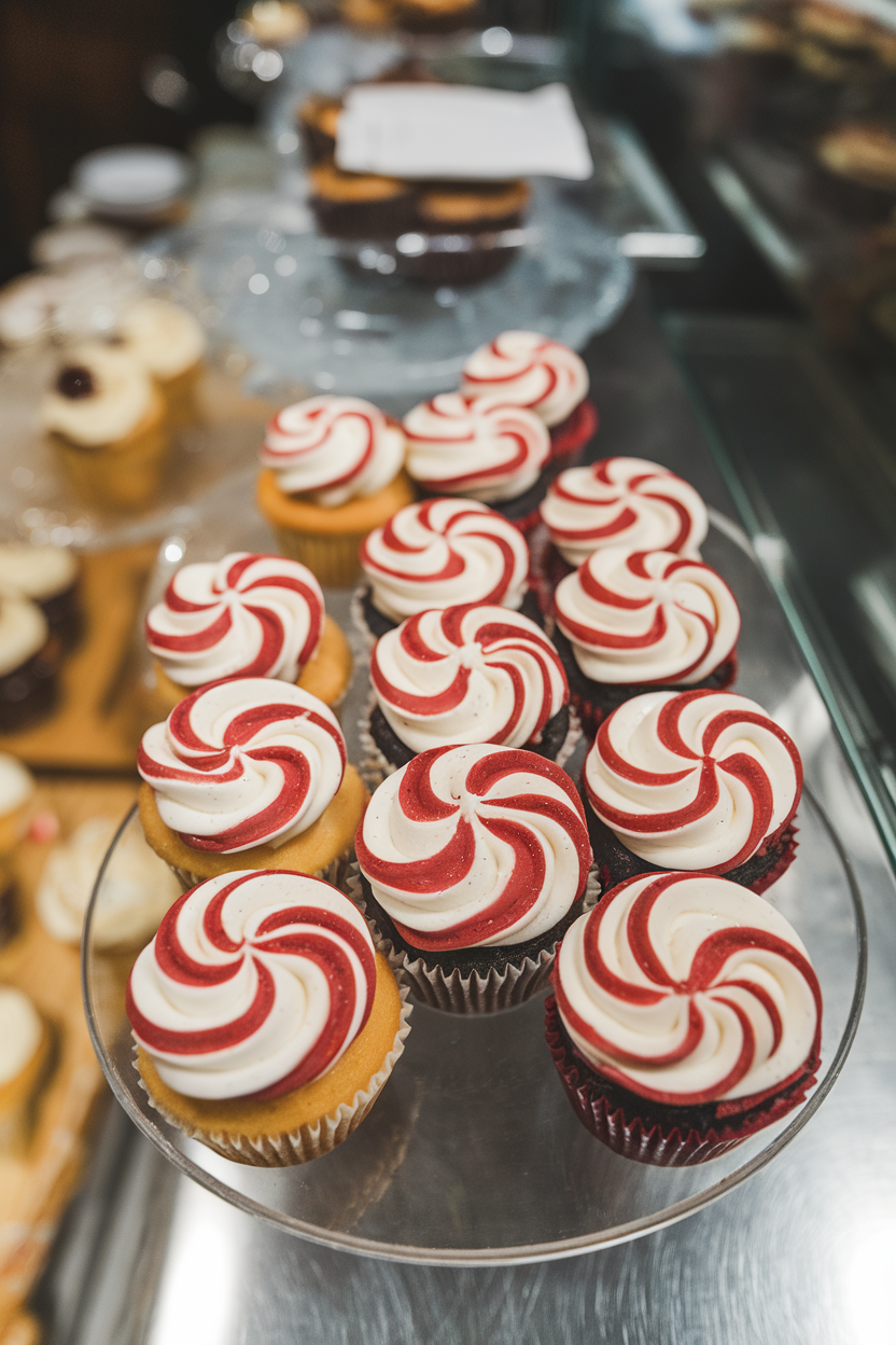 Photo of indoor bakery counter with a tight overhead shot of cupcakes topped with red-and-white buttercream swirls resembling candy canes, subtle sparkle on frosting, no text or logos.