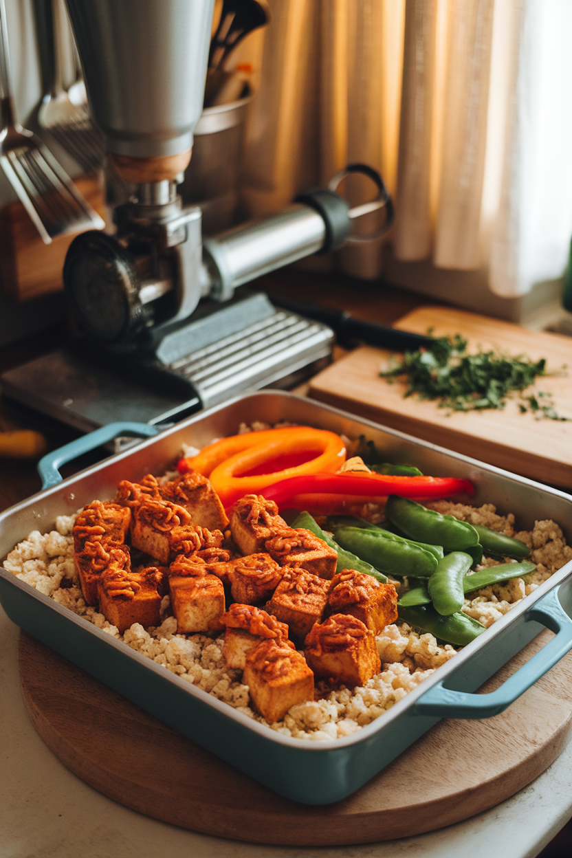 Indoor kitchen shot of a baking dish containing cauliflower rice, roasted tofu cubes coated in spicy peanut sauce, bell peppers, and snap peas. No brand names or text.