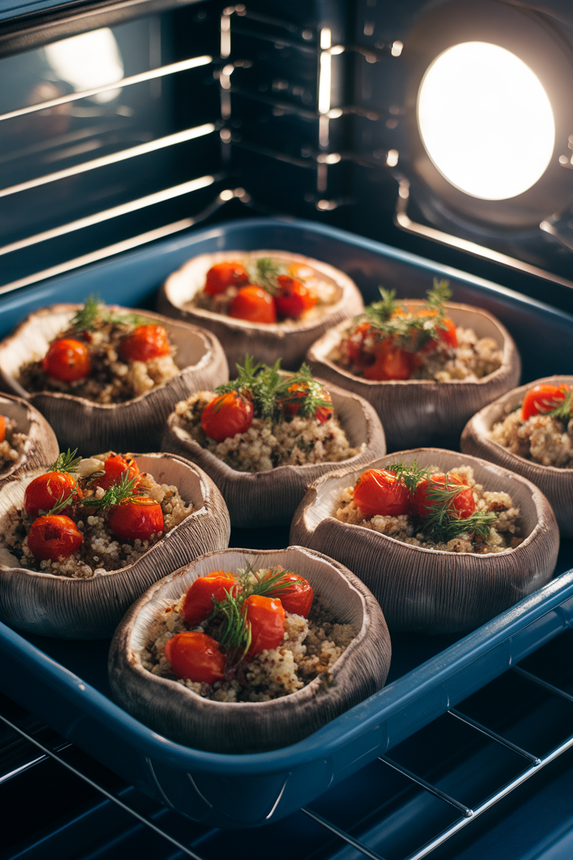 Large portobello caps filled with herbed quinoa and cherry tomatoes in a baking dish, indoor oven light, no text or logos.