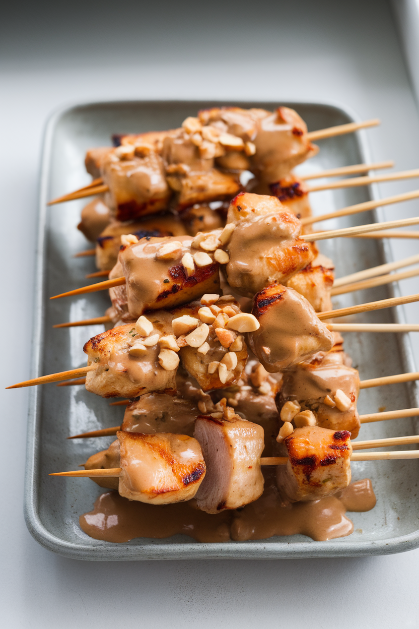Indoor photo of bite-sized grilled chicken pieces on short wooden skewers, glazed with light peanut sauce and sprinkled with chopped peanuts, set on a rectangular platter. No visible text or logos.