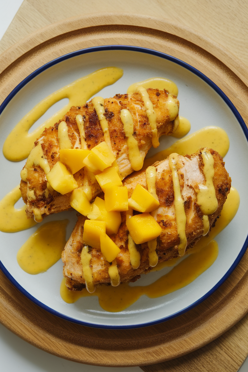 Indoor plate showing air-fried chicken breast drizzled with bright mango-lime sauce, diced mango pieces on top, overhead shot. No text or logos.