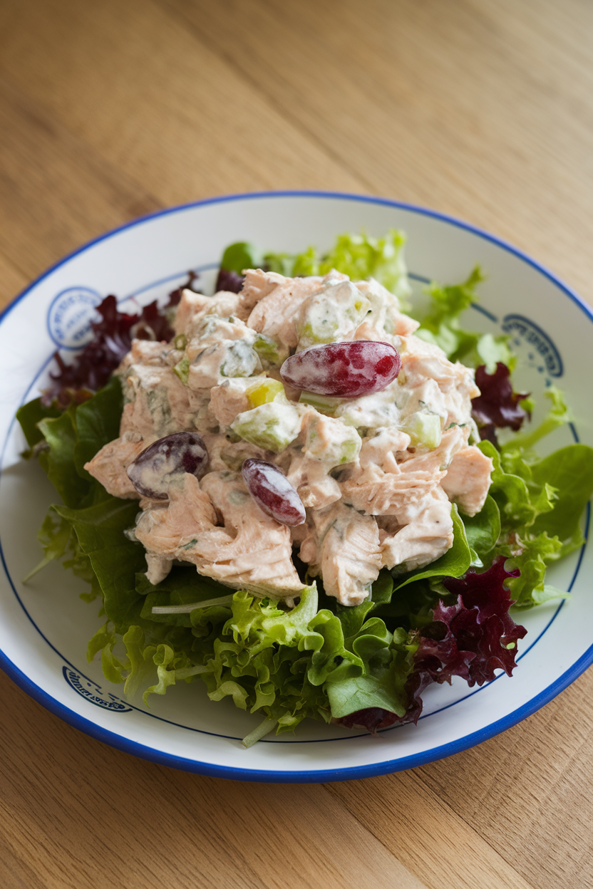 Indoor lunch plate of leafy greens topped with a creamy chicken salad made with Greek yogurt, grapes, and celery. No visible logos; photo.