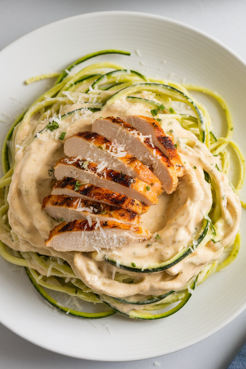An indoor plate shot of zucchini noodles twirled in creamy Alfredo sauce, topped with sliced grilled chicken breast and grated Parmesan. No text or logos. Photo only.
