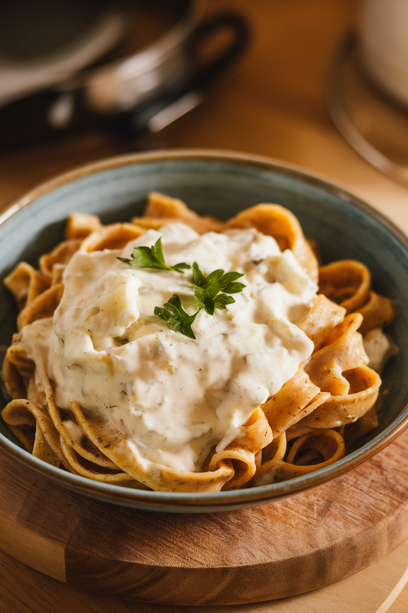Photo of creamy cauliflower Alfredo sauce coating whole-grain fettuccine in a shallow bowl, captured indoors. No text or logos. Photo, not illustration.