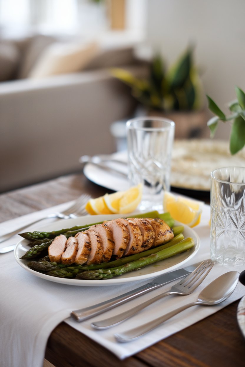 An indoor dining table showing a plate of sliced grilled chicken breast beside roasted asparagus spears with lemon wedges. Photo, no text or logos.
