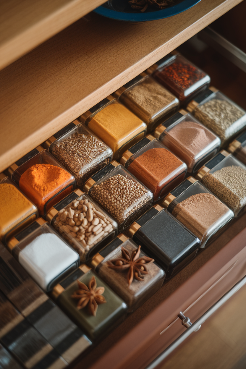 A spice drawer shot from above, glass jars of colorful herbs and spices neatly arranged under indoor lighting—photo, no text or logos.