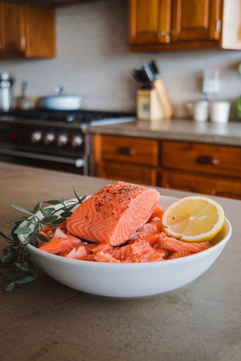 Indoor photo of a white bowl holding flaked cooked salmon from a can, skin removed, on a kitchen island; no text or logos