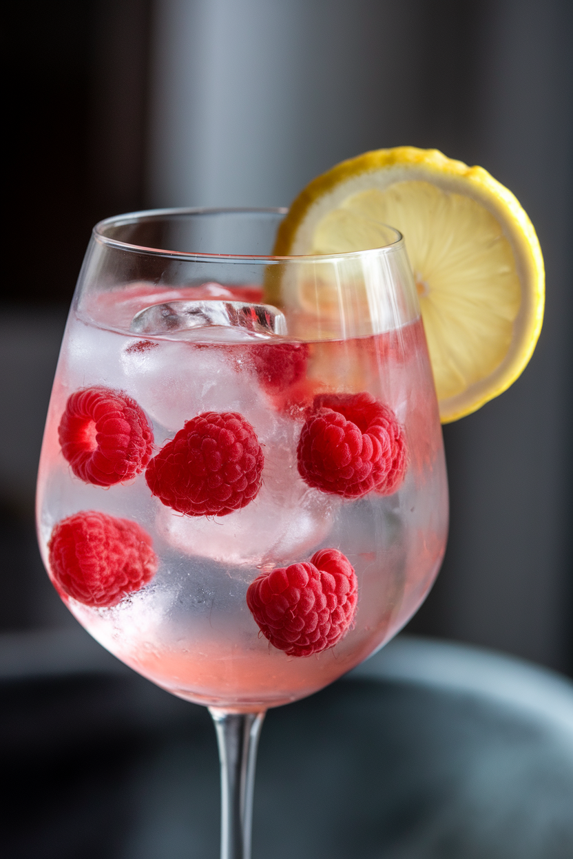 A stemless wine glass indoors filled with pale pink spritz, raspberries floating, lemon wheel on rim, ice cubes visible, no text or logos.
