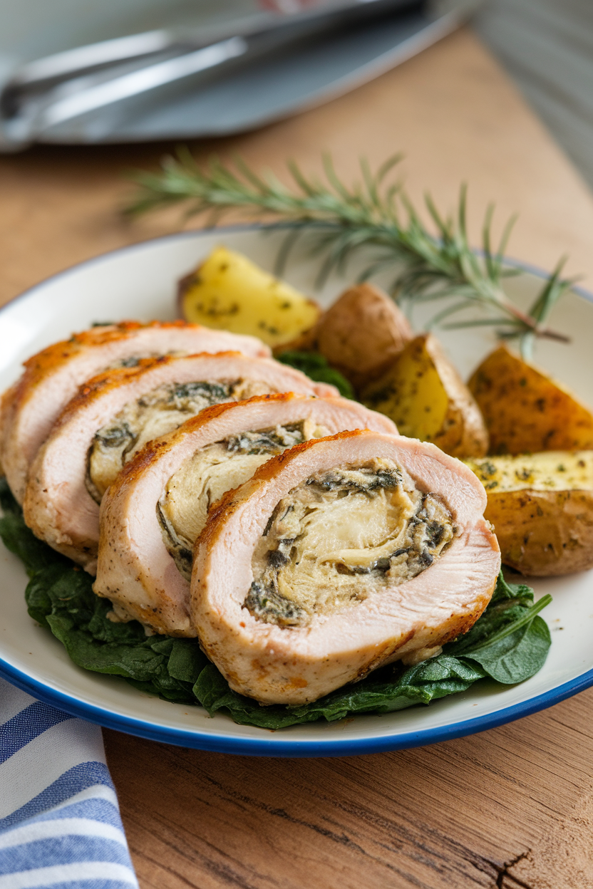 Indoor plate with sliced stuffed chicken breast revealing creamy spinach-artichoke filling, set beside roasted potatoes. Photo, no branding.