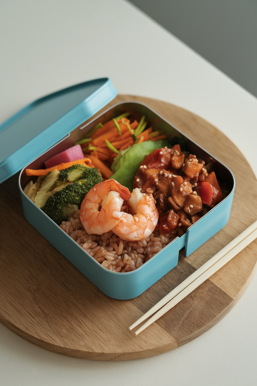 Indoor bento box photo with compartments holding brown rice, colorful stir-fried vegetables, and saucy cooked shrimp; soft overhead lighting, no text or logos.