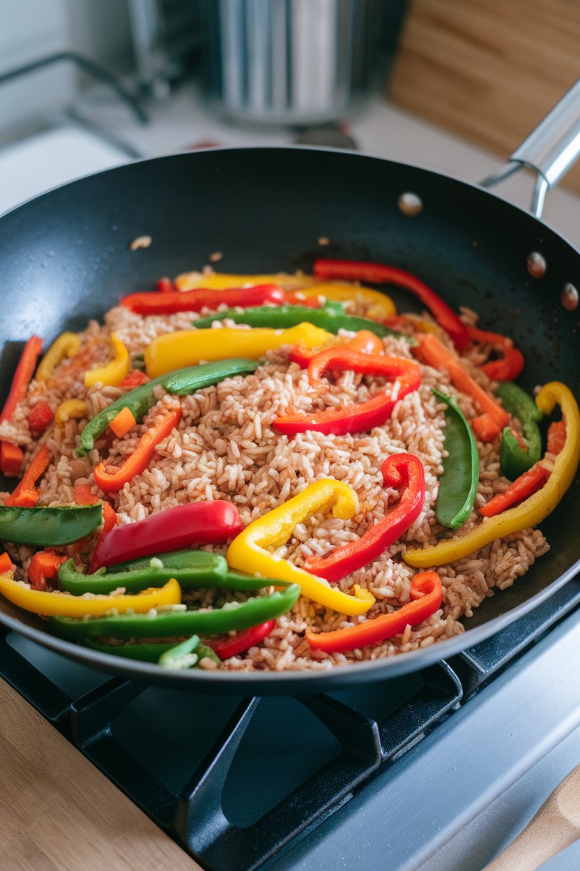 A wok on an indoor stovetop containing colorful bell peppers, snap peas, and carrots tossed with brown rice. No text or logos. Photo.