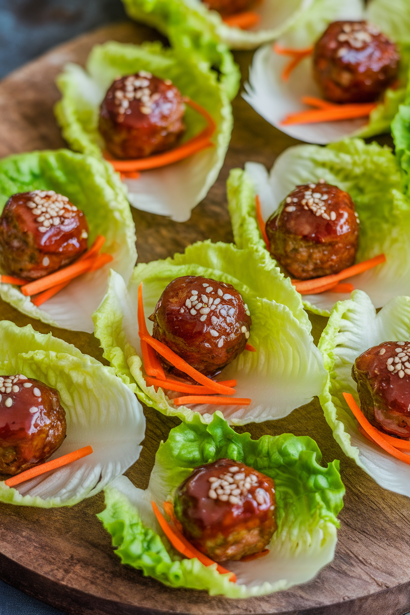 Indoor platter of crisp butter lettuce leaves each holding a glazed meatball, carrot ribbons, and sesame seeds; no text or logos