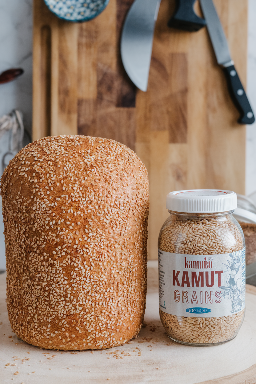An indoor scene with a tall loaf sprinkled generously with sesame seeds, a jar of Kamut grains nearby. No text or logos. Photo only.