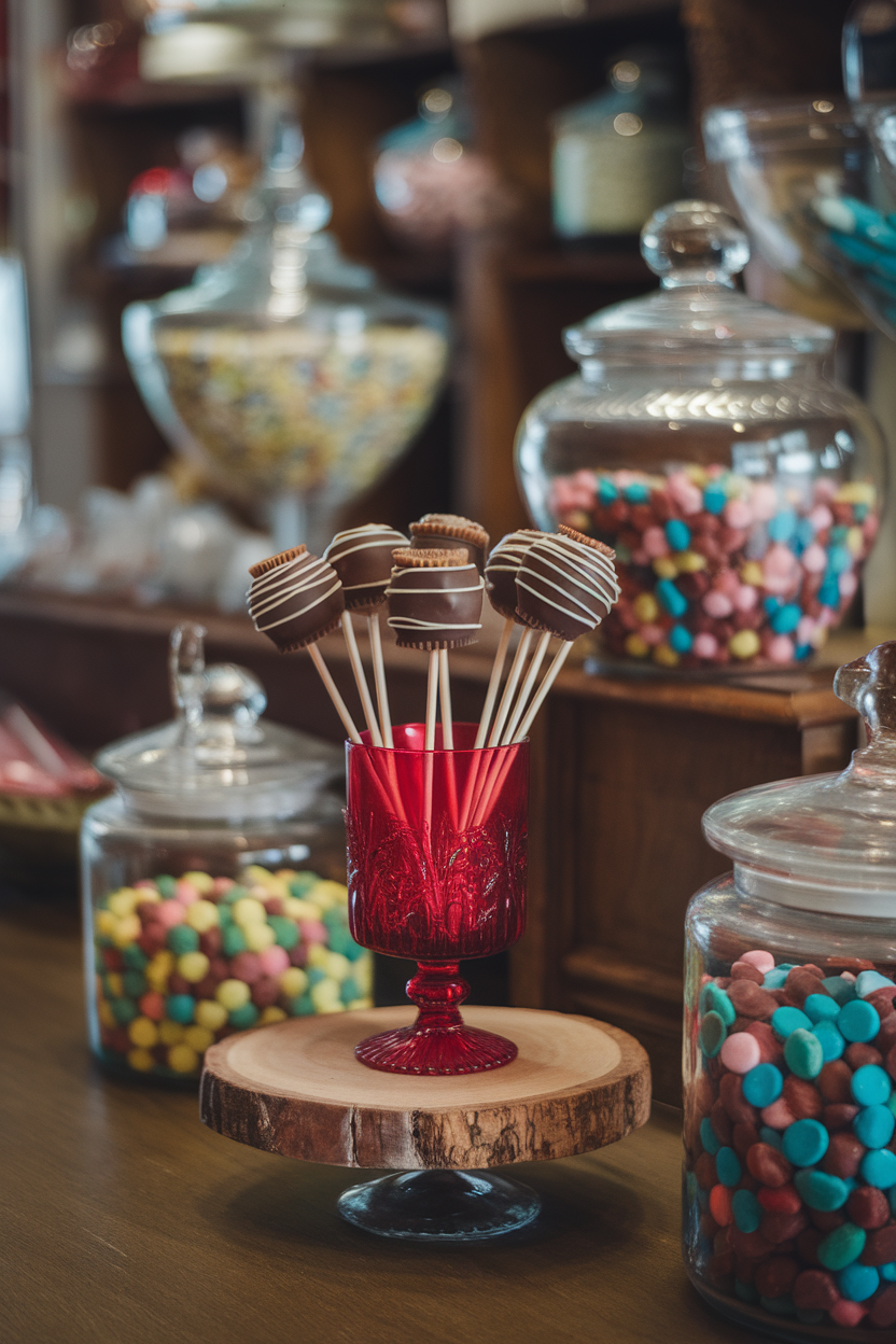 Photo, not illustration. Indoor classic candy shop. Chocolate-covered cake pops topped with a mini peanut butter cup half, resting in a red glass. No text or logos.