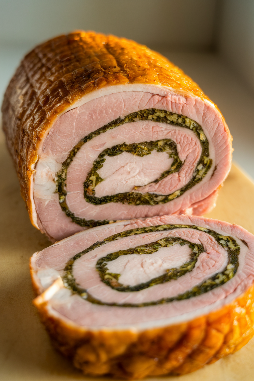Photo of rolled pork loin sliced to reveal herb swirl, crackling skin glistening under warm light, no text or logos.