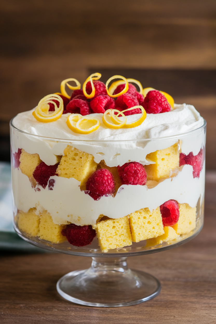 Indoor photo of a clear trifle bowl with layers of lemon cake cubes, whipped cream, and fresh raspberries, garnished with lemon zest curls. No text or logos.