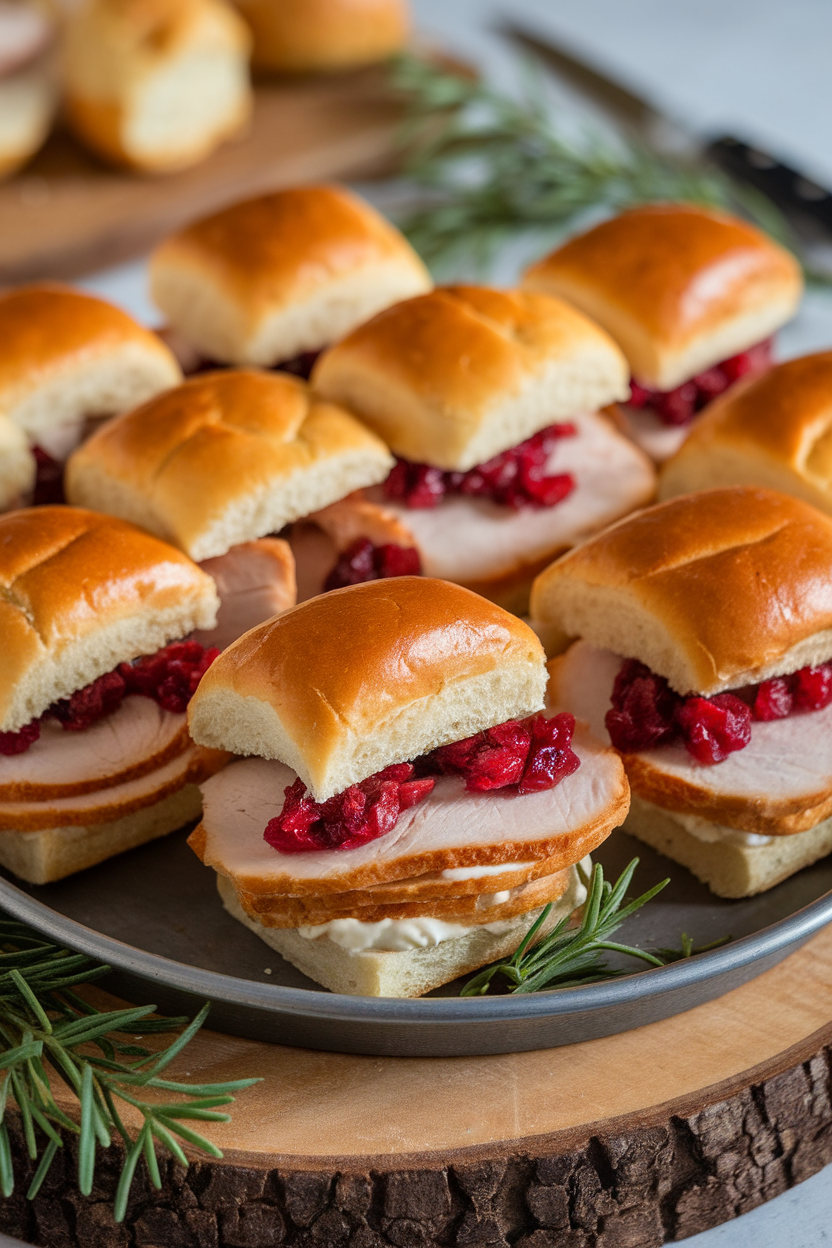 Photo of an indoor serving tray lined with mini brioche buns filled with sliced roast turkey, cranberry relish, and a smear of mayo, golden tops glistening. No text or logos in view.