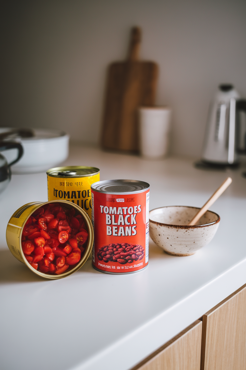 Indoor kitchen counter with open cans of diced tomatoes and black beans next to a small bowl and wooden spoon. Neutral background, no text or logos present, photo not illustration.
