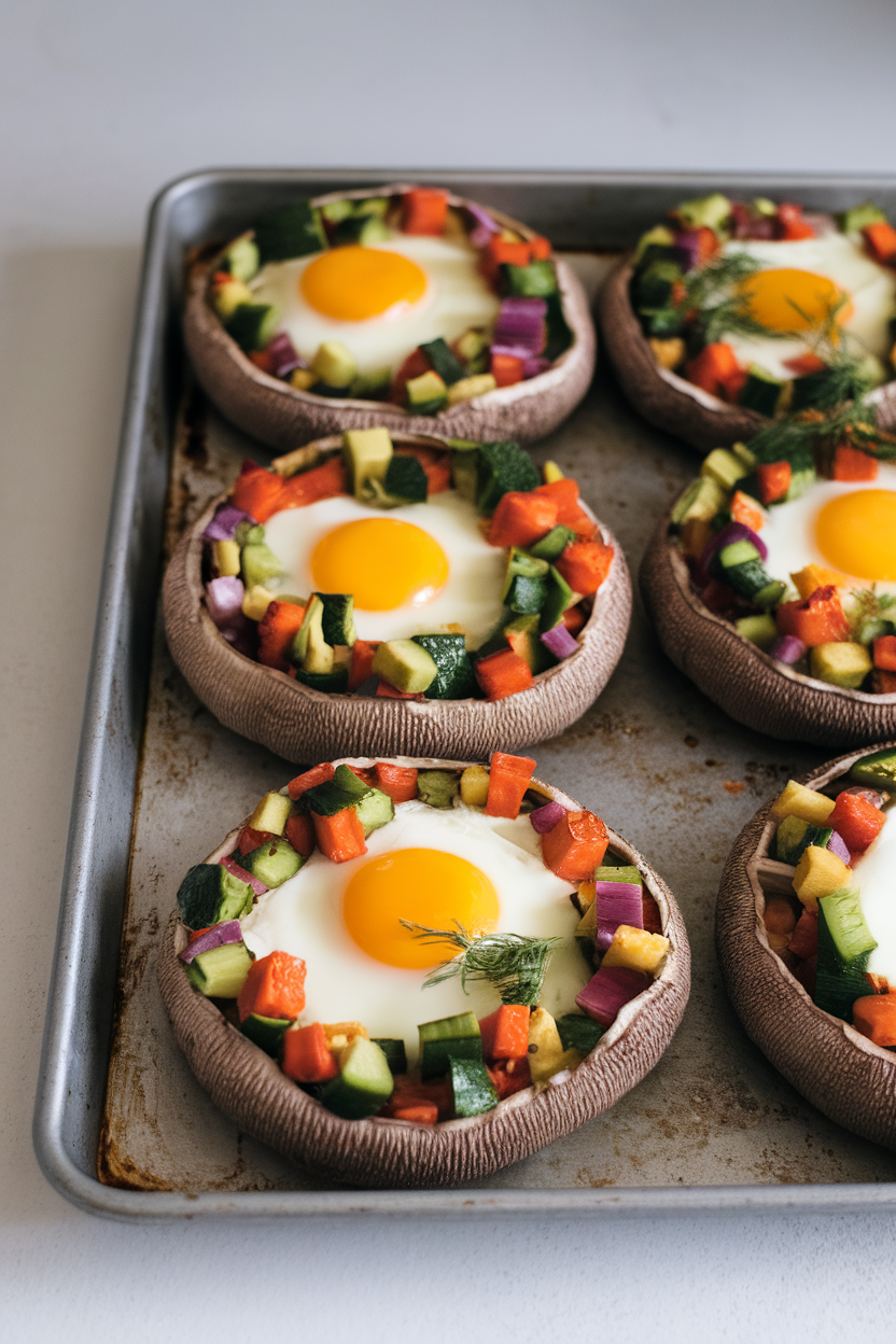 Indoor baking tray with large portobello caps filled with diced vegetables and a baked egg in the center. No text or logos.