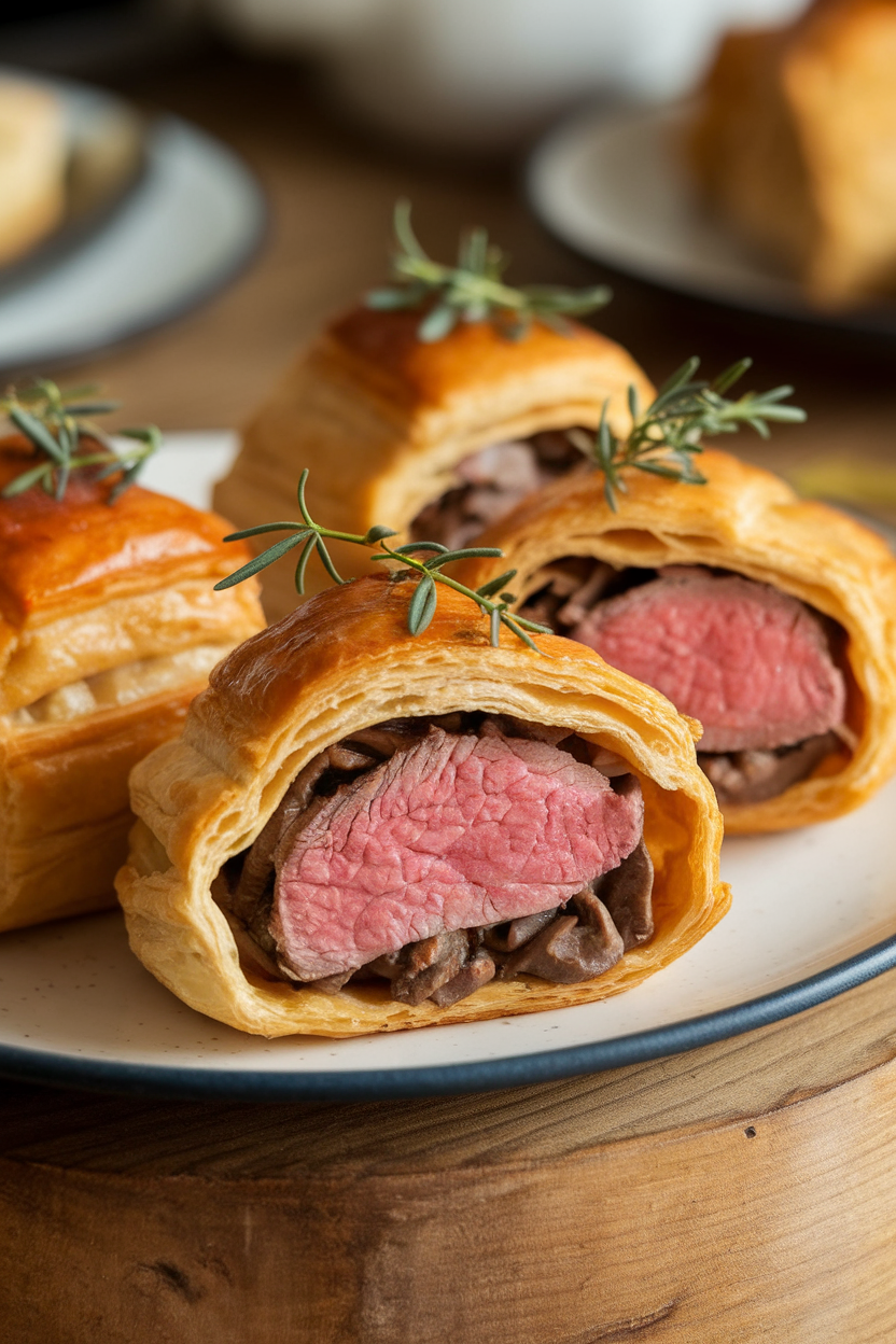 An indoor plate showcasing puff-pastry parcels filled with pink beef tenderloin and mushroom duxelles, sliced open to reveal layers, no logos.