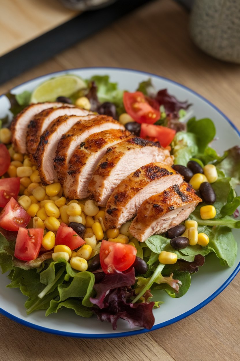 An indoor plate with mixed greens topped by sliced grilled chili-lime chicken breast, corn, black beans, and diced tomato. No text or logos; photo only.