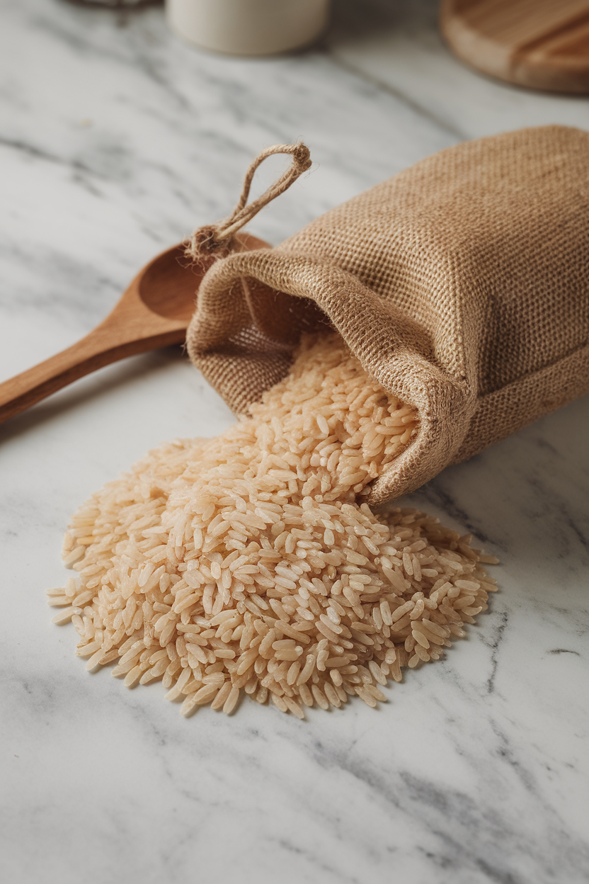 Indoor photo of a cloth bag spilling long-grain brown rice onto a marble counter; neutral lighting, no text or logos