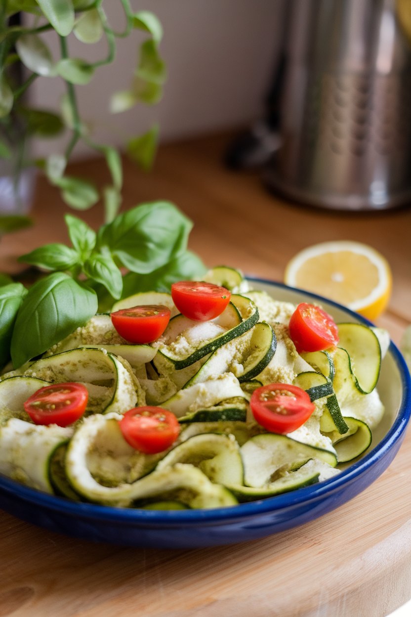 A chilled ceramic plate indoors featuring wide zucchini ribbons lightly coated in basil pesto and sprinkled with cherry tomato halves. No text or logos. Photo.