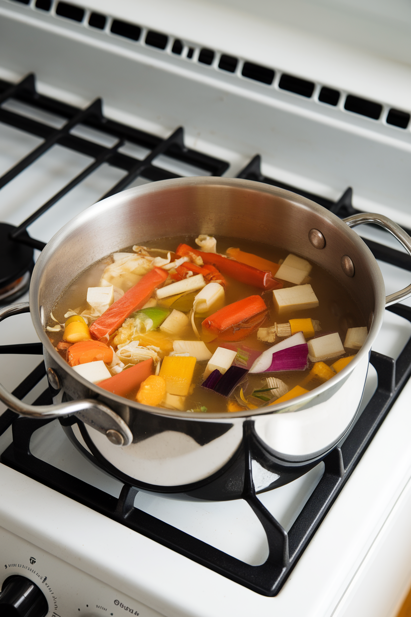 An indoor stovetop with a stockpot holding colorful vegetable scraps simmering in clear broth, no brand labels.
