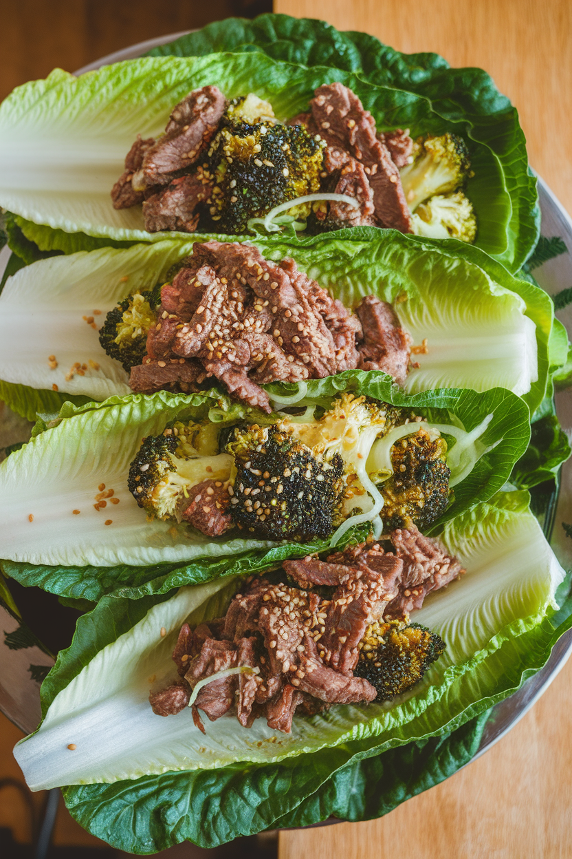 Indoor platter of romaine leaves holding beef mixed with broccoli slaw, sesame seeds on top—no text or logos.