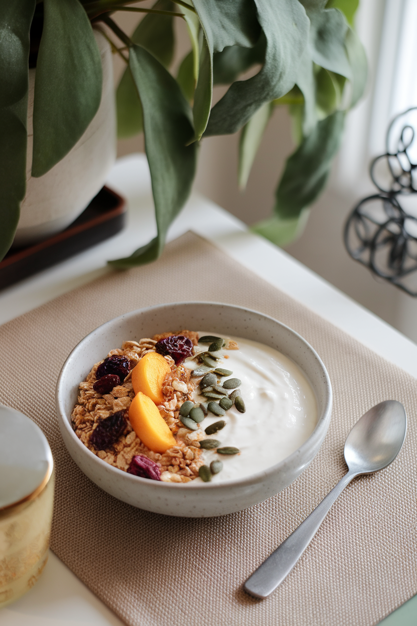 Photo of an indoor breakfast table featuring a bowl of Icelandic skyr topped with homemade muesli, dried fruit, and pumpkin seeds. Gentle natural lighting, no logos.
