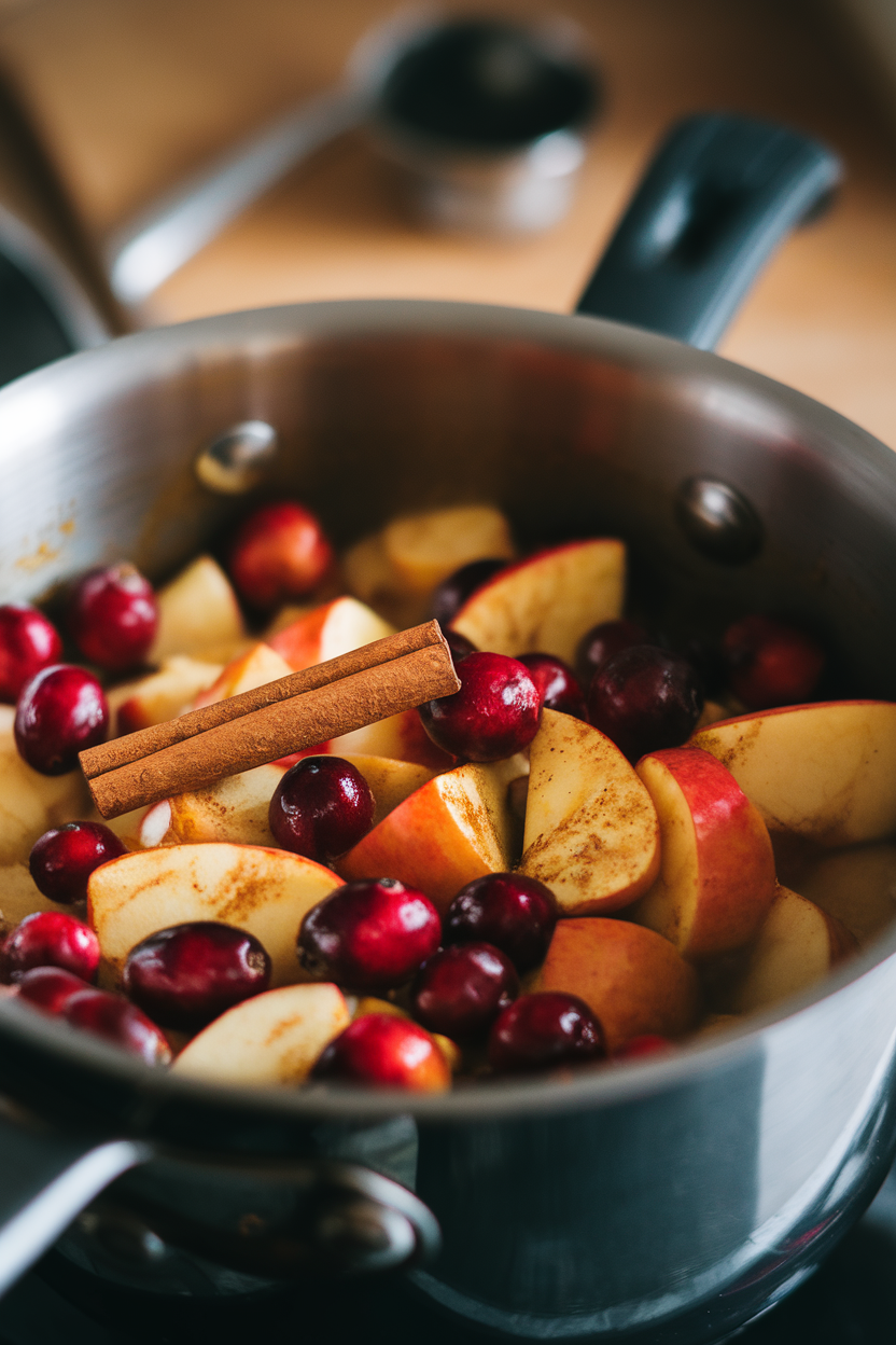 Indoor saucepan close-up of cooked apple and cranberry mixture glistening with spice, cinnamon sticks visible. No text or logos.