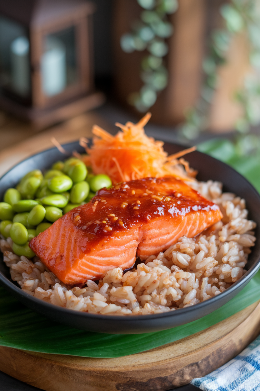 Indoor bowl featuring cooked glazed salmon over brown rice with edamame and shredded carrot, overhead. No text or logos.