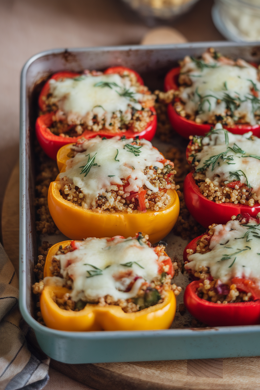 An indoor baking dish featuring halved bell peppers filled with herbed quinoa and vegetables, melted cheese on top. No text or logos. Photo.