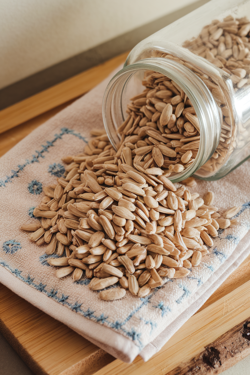 Indoor photo of unsalted sunflower seeds spilling from a glass jar onto a kitchen towel; no text or logos