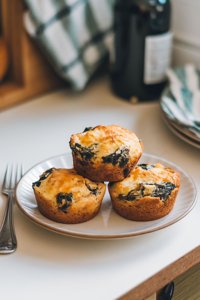 An indoor kitchen table featuring a plate of three cooked spinach and feta egg muffins, golden around the edges, with a fork beside them. Photo, no text or logos.