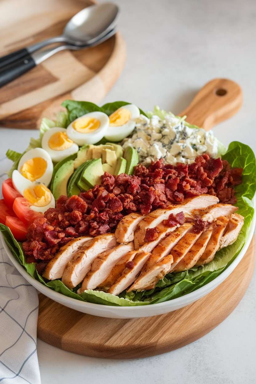 An indoor salad bowl layered with rows of grilled chicken, bacon crumble, avocado, boiled eggs, tomato, and blue cheese over romaine. No text or logos present. Photo only.