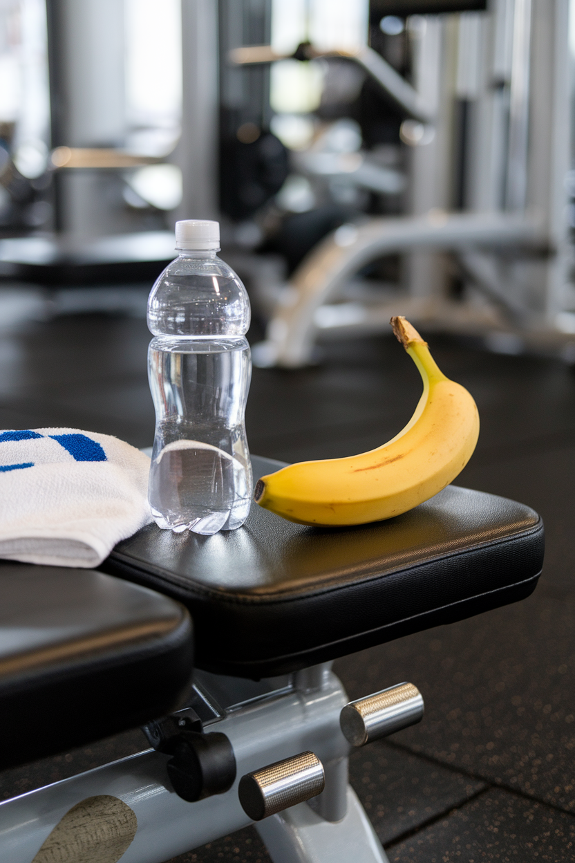 Photo of an indoor gym locker bench holding a water bottle and a ripe banana next to a small towel, no text or logos visible.