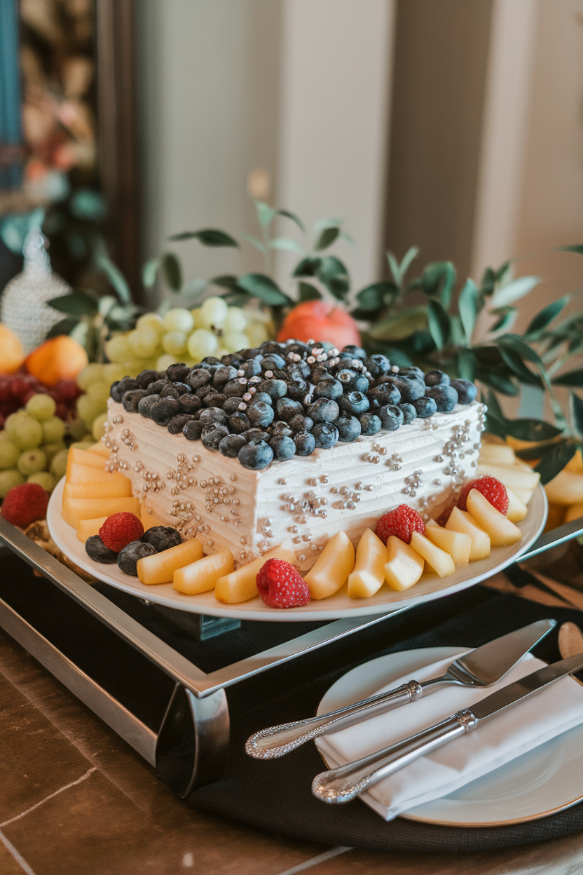 An indoor buffet tray holding a square of blueberry-studded sheet cake with pale champagne frosting and silver dragées. No text or logos. Photo, not illustration.