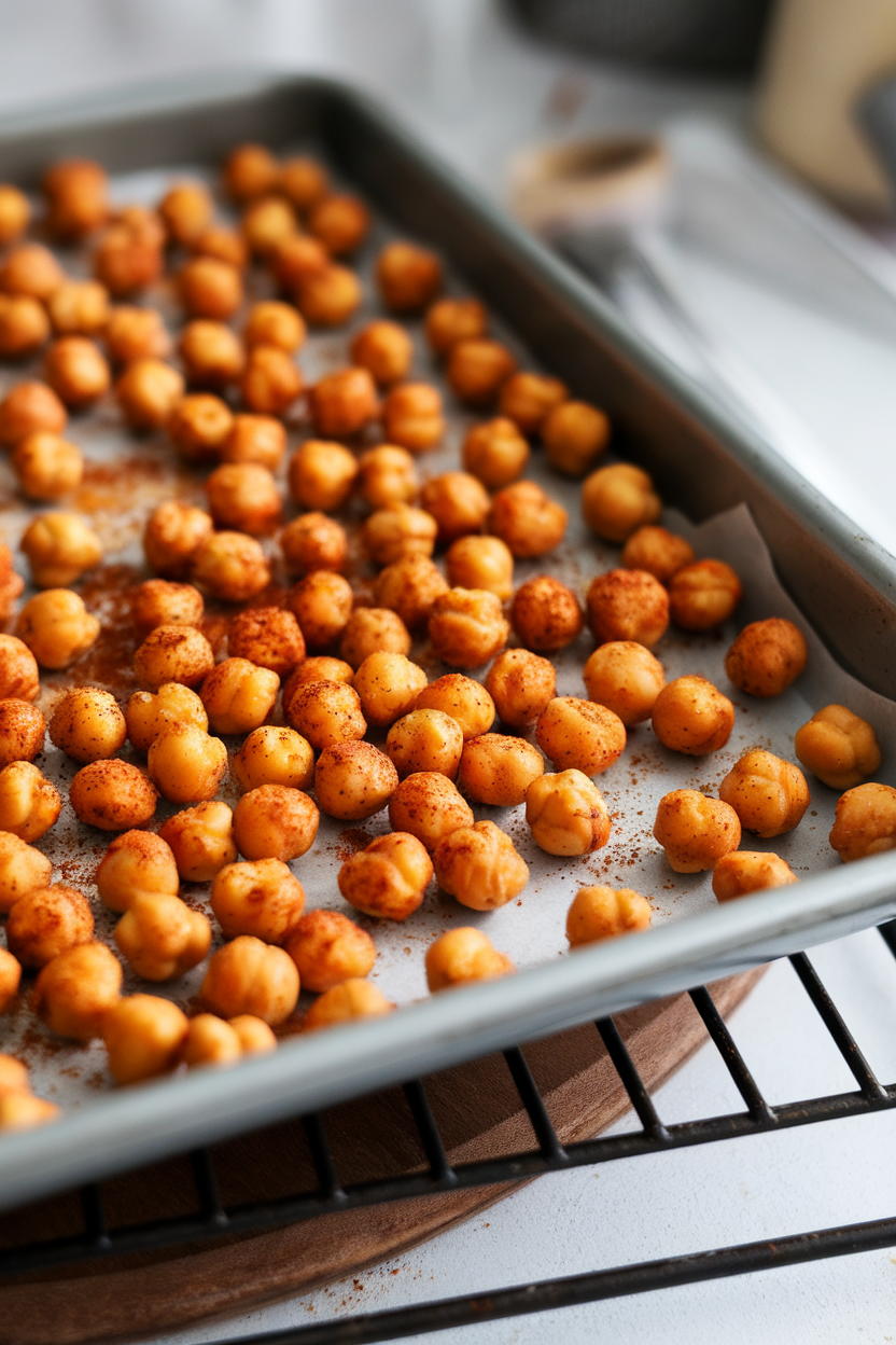 Baking tray of seasoned roasted chickpeas cooling on a rack, indoor photo, no text or logos