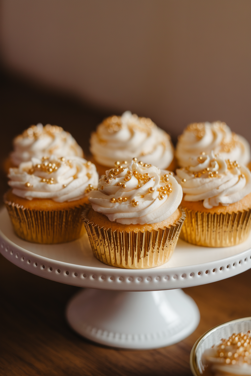 Indoor photo of a white cake stand holding frosted champagne-infused cupcakes topped with gold sugar sprinkles, soft warm lighting, shallow depth of field, no text or logos