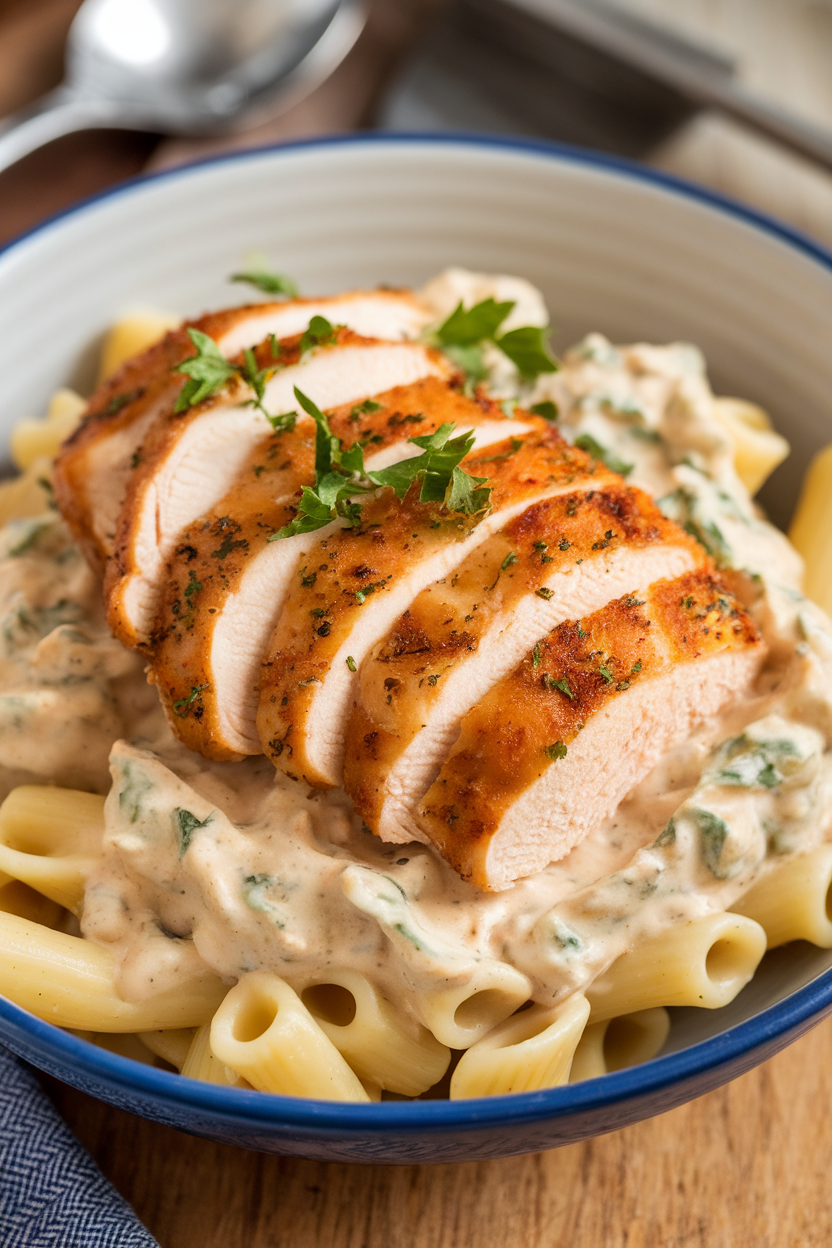 Indoor bowl of pasta topped with sliced air-fried chicken breast and creamy Alfredo sauce, sprinkled with parsley, close-up. No text or logos.