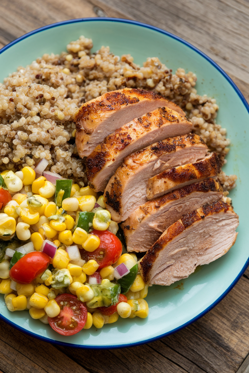 Indoor photo of chipotle lime chicken breast slices, quinoa, and roasted poblano corn salad on a plate. No text or logos.