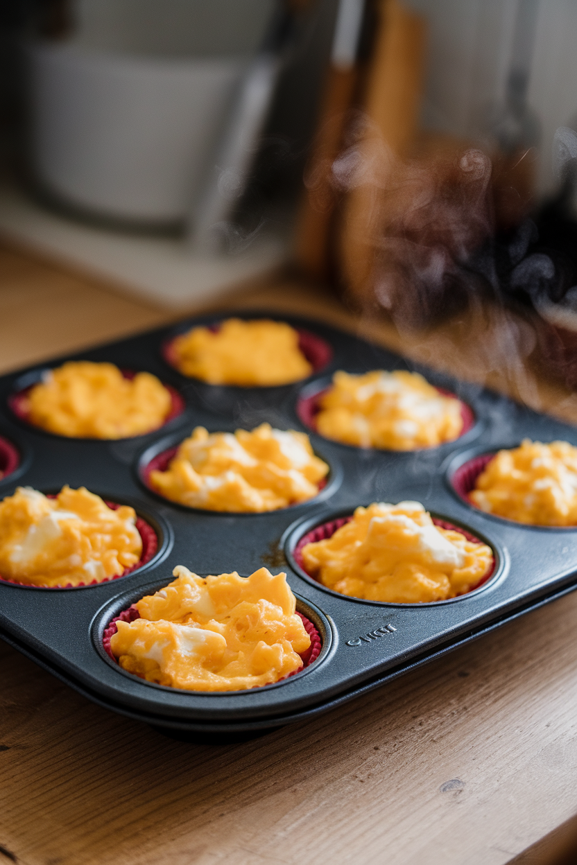 An indoor muffin tray lined with silicone cups containing fluffy scrambled egg and cheese portions, steam visible. No text or logos.