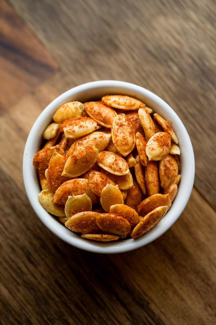 Close-up indoor photo of a small white bowl filled with roasted pumpkin seeds coated in smoky paprika and cumin, placed on a wooden tabletop. No text or logos.