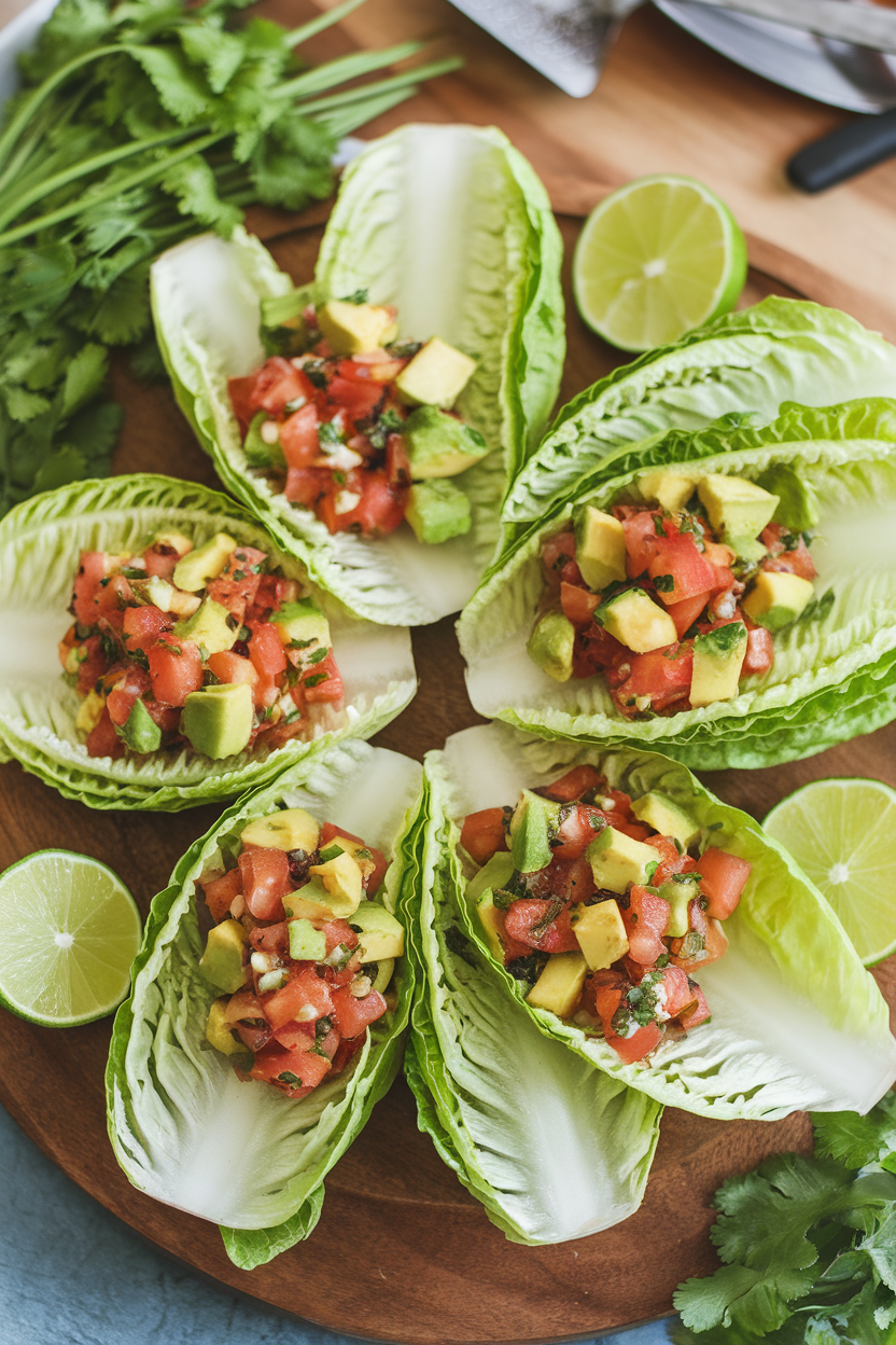 Indoor photo of romaine hearts filled with chunky avocado tomato salsa, arranged fan-style on a platter. No text or logos.